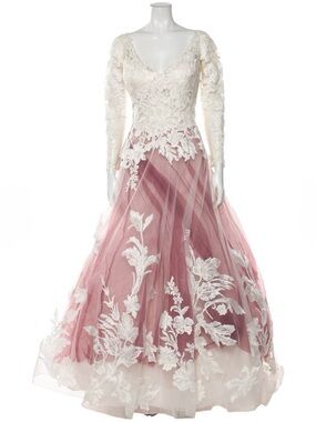 Justin Alexander Lace Pattern Long Dress With Pink/Bugundy Underlay & Ivory(TRR)